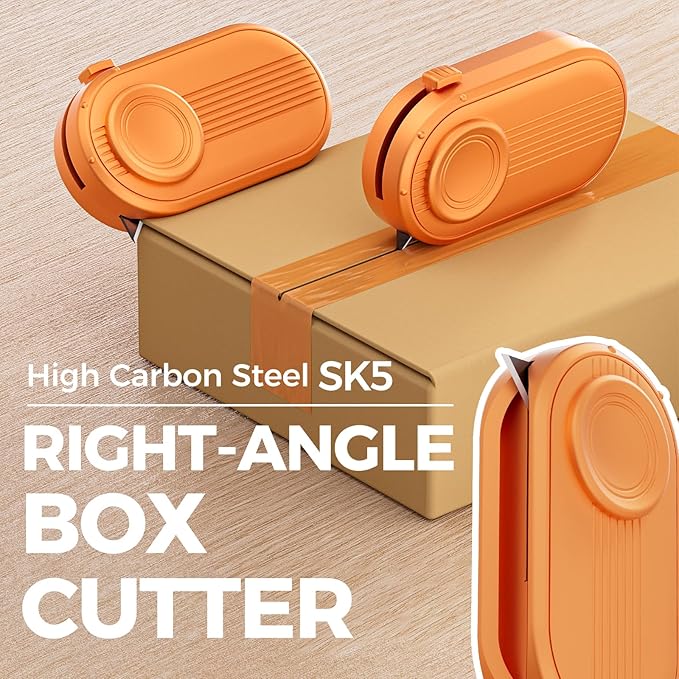 Mini Box Cutter Safety Package Opener with Right-Angle Blade Compact Box Opener Includes High Carbon Steel Spare Blades for Cardboard Boxes Mail Shipping Packages Orange