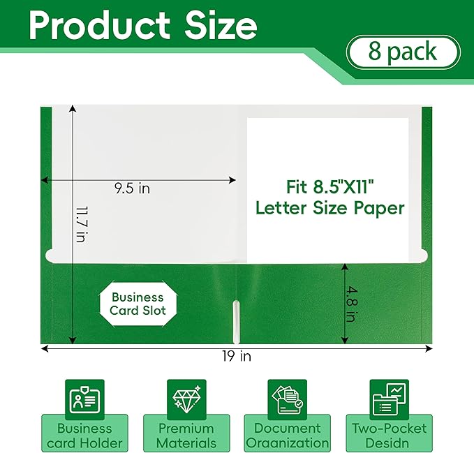 8 Packs Green Two Pocket File Folders,File Folder Letter Size,8.5x11Inches File Folders for Office,School and Home,Organizer File Folder