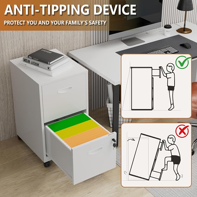 Polup 2 Drawer Rolling File Cabinet with Lock for Home Office | Metal Mobile Filing Cabinet on Wheels, Small Under Desk Storage, Fits Hanging Letter Size, Printer Stand, White