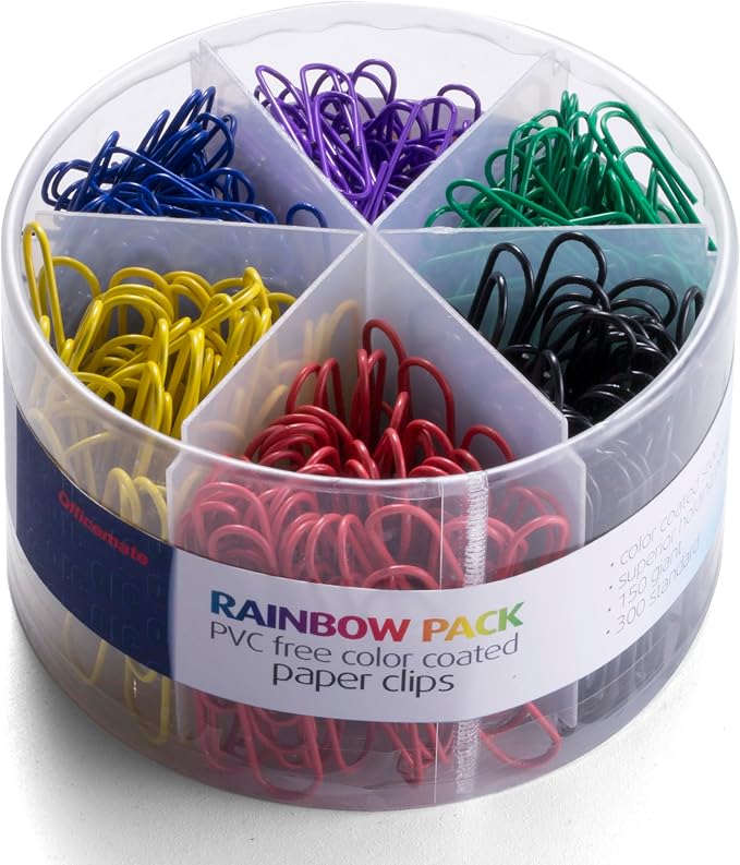 Officemate PVC Free Color Coated Clips, Assorted Colors, 450 per Tub (300 #2, 150 Giant) (97227)