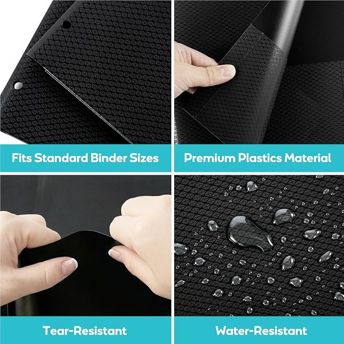 Textured 2 Pocket Folder(3 Pack,Black) Plastic Folders with Pockets,3 Holes Punched, Fits Letter Size 3-Ring Binder, Heavy Duty for School,Office,Back to School Supplies