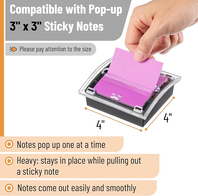 Mr. Pen- Pop Up Note Dispenser, 3" x 3", 6 Pack, Black Base, Clear Top | Sticky Note Dispenser, Sticky Note Holder for Desk