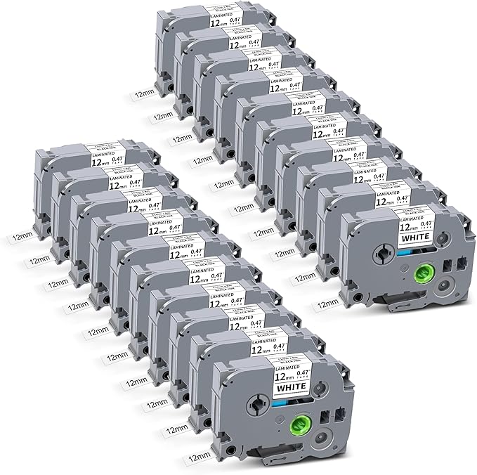 20 Pack Tz-231 12mm 0.47 Laminated White Tze Label Tape Compatible for Brother Tze-231 Refill Work for Ptouch Label Maker PTD220 PTH111 PTD210 PTH110 PTD600 PTD200 PTD410, Black on White, 1/2' x 26.2'