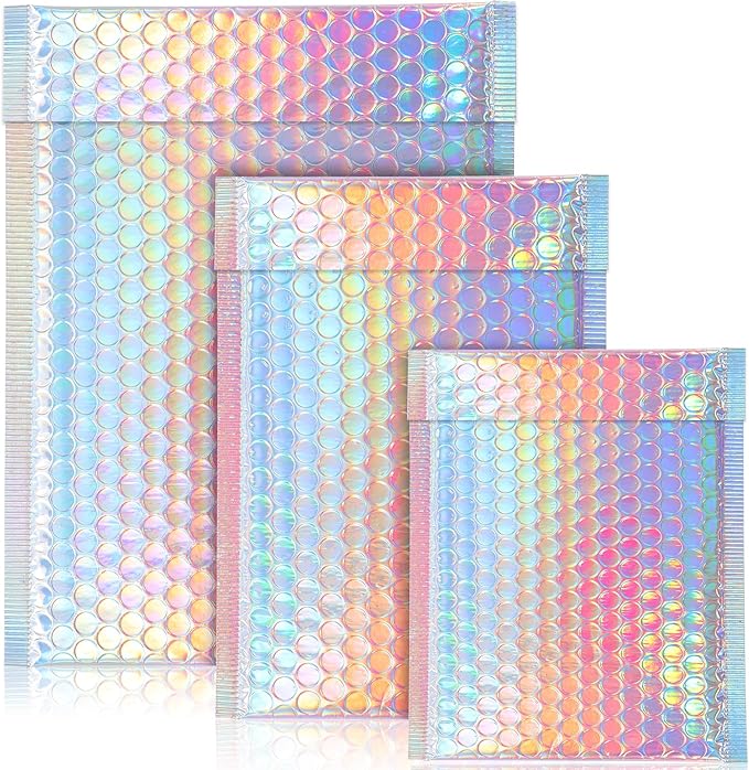 50 Pcs Metallic Bubble Mailers, Holographic Bubble Mailers, Poly Padded Envelopes, Adhesive Shipping Bags, Waterproof Self Sealing Cushion Envelopes for Mailing, Packing, Small Business