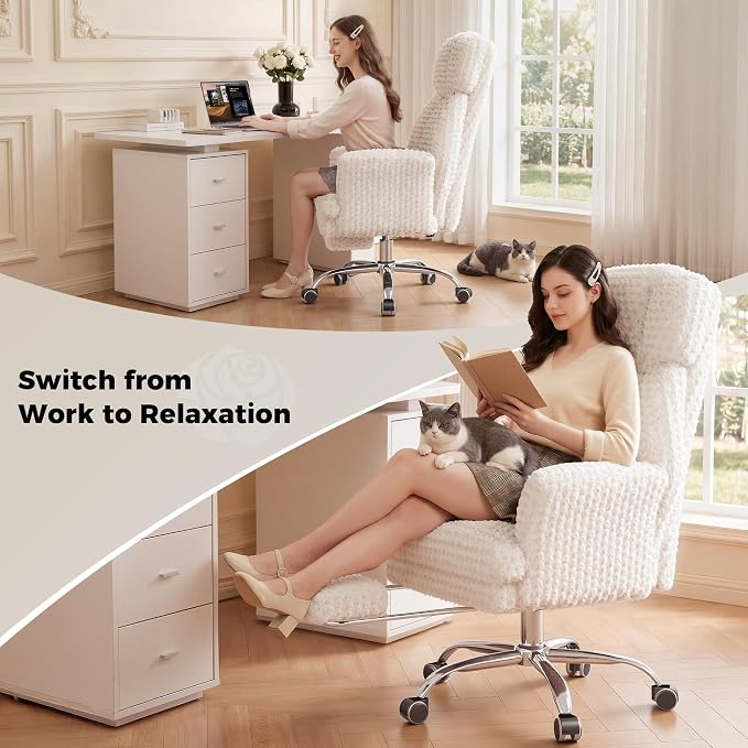 Big and Tall Office Chair, Flip Armrests for Pets & Cross Legged Sitting | Executive Ergonomic Computer Gaming Chair with Foot Rest, White Rose Velvet Wide Seat Reclining Desk Chair