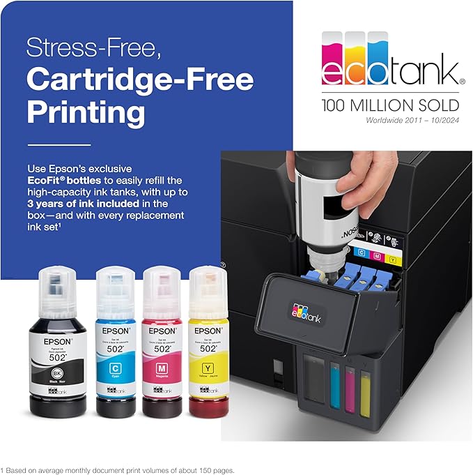 Epson EcoTank ET-4950 Wireless All-in-One Color Supertank Printer with up to 3 Years of Ink Refillable Tanks, Perfect for Home, 18 PPM, 2.4" Colorful Touchscreen, Auto Document Feeder - Black