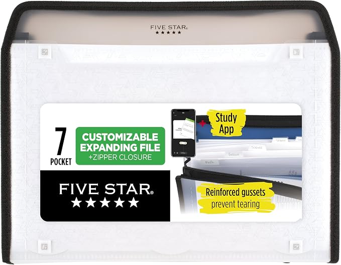 Five Star Expanding File Organizer + Study App, 7-Pocket Accordian File Organizer, Zipper Closure, Holds 8-1/2" x 11" Paper, White (350099E-ECM)