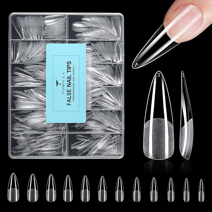 TOMICCA Long Stiletto Nail Tips 504pcs, Soft Acrylic Long Almond Nail Tips Pre Etched Clear Fake Nails Tips Almond Shape Half Matte, Full Cover Nail Extension for Beginner and Professional 12 Sizes