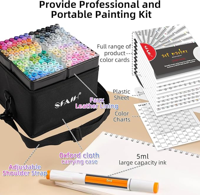 SFAIH Alcohol Markers Brush & Fine - 169 Colors Double Tipped Art Markers for Adult Coloring Illustration, Gifts for Artist Adult - Adjustable Shoulder Strap & Faux Leather Lining & Outer Zip Pocket