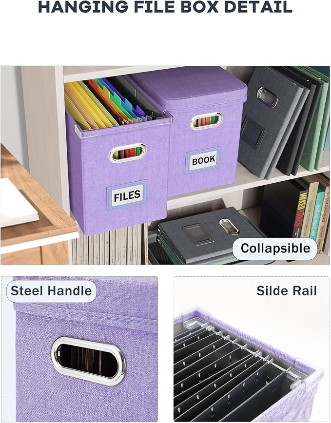 File Organizer Box with Lid, Hanging Filing File Box with Mesh Pocket, Document Organizer Box for Letter Files, Portable Storage Box with Smooth Sliding Rail for Office&Home (1 PCS, Lavender)