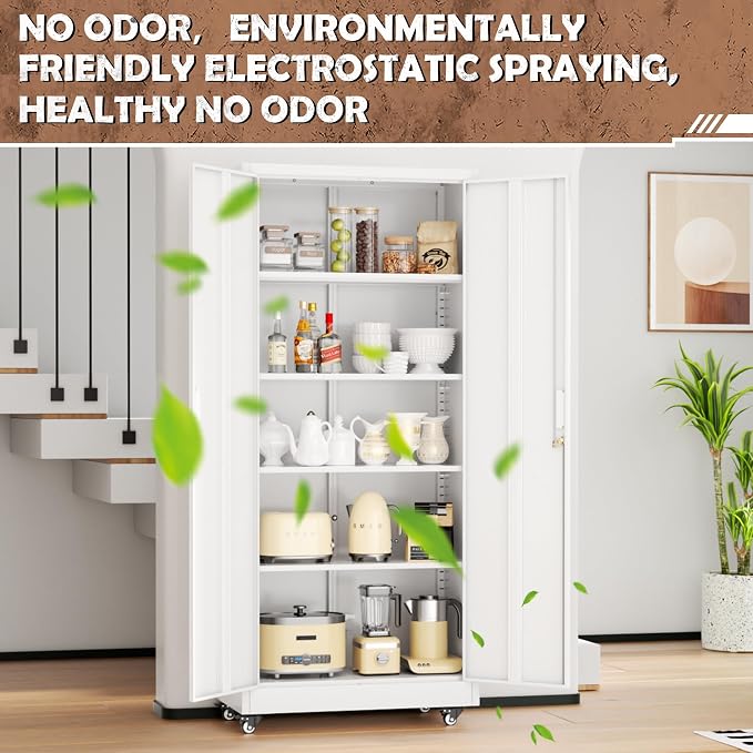 Metal Garage Storage Cabinet with Wheels, Rolling Storage Cabinet with Locking Doors and 4 Adjustable Shelves,- 73" Steel Tool Cabinet for Home Office,Garage,Warehouse，White