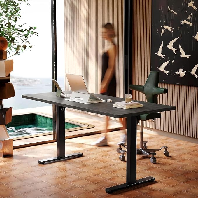 HUANUO 63x28 Inch Electric Standing Desk, Height Adjustable, Grey | 176 Lbs Capacity, Smooth Home Office Desk, 4 Memory Presets & Headphone Hooks, 28.3–46.5 Inch Height Range, Easy to assemble