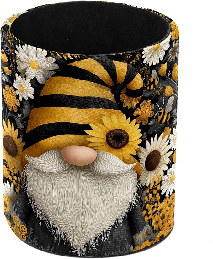 Leather Pen Holder for Desk, Gnome Sunflower Pencil Cup Pen Organizer Makeup Brush Holder for Office Home Kids Countertop Desk Accessory Storage