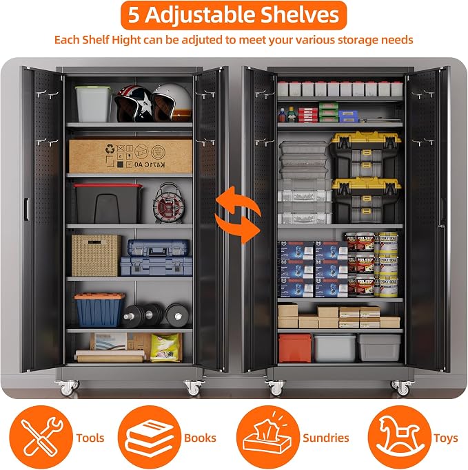 71" Metal Storage Cabinet with Wheels, Pegboard, Lock, 5 Shelves (Pack of 2)