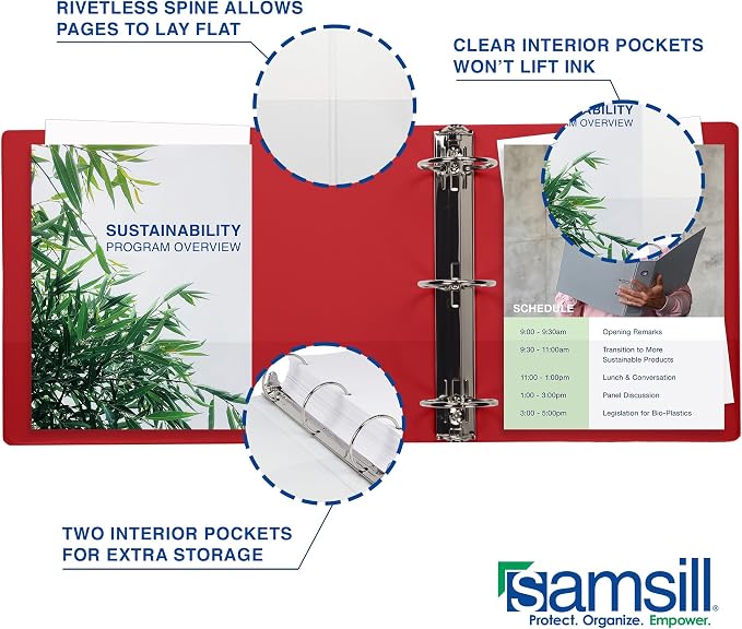 Samsill 1 Inch 3 Ring Binders, Economy Round Ring, Clear View Cover, 200 Sheet Capacity - for School, Home, Office - Red, 4 Pack