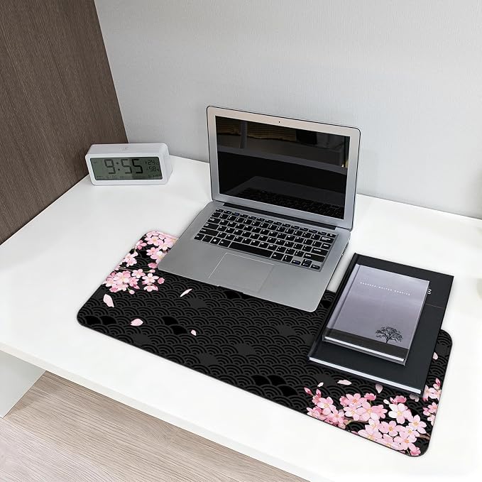 Gaming Mouse Pad with Anti-Slip Rubber Base, Extended Large Computer Mouse Mat with Stitched Edges, Long XL Anime Mousepad for Laptop and Keyboard, 31.5 x 11.8 inch (Black Cherry Blssom)