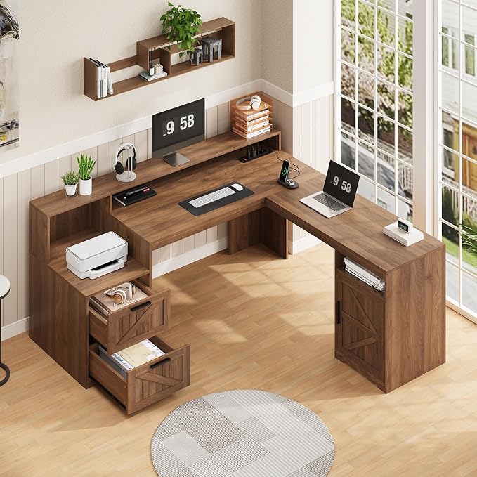 63" Farmhouse L Shaped Desk with Drawers & Printer Shelf for Home Office | Corner Computer Desk with Storage, Power Outlets, L Shaped Office Desk with Monitor Stand, Printer Shelf, Brown