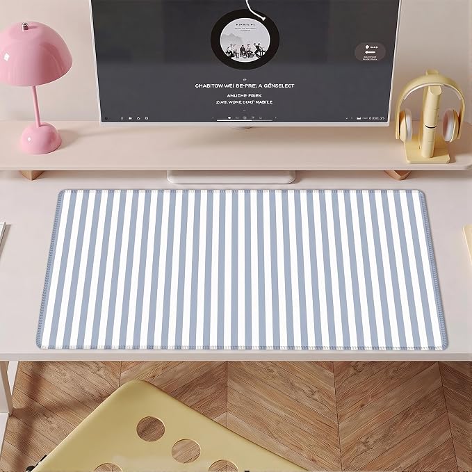 Misty Blue Striped Desk Mat Cute Pastel XXL Large Gaming Mouse Pad Desk Pad Kawaii Aesthetic Home Office Decor Cozy Keyboard Laptop Computer Mat