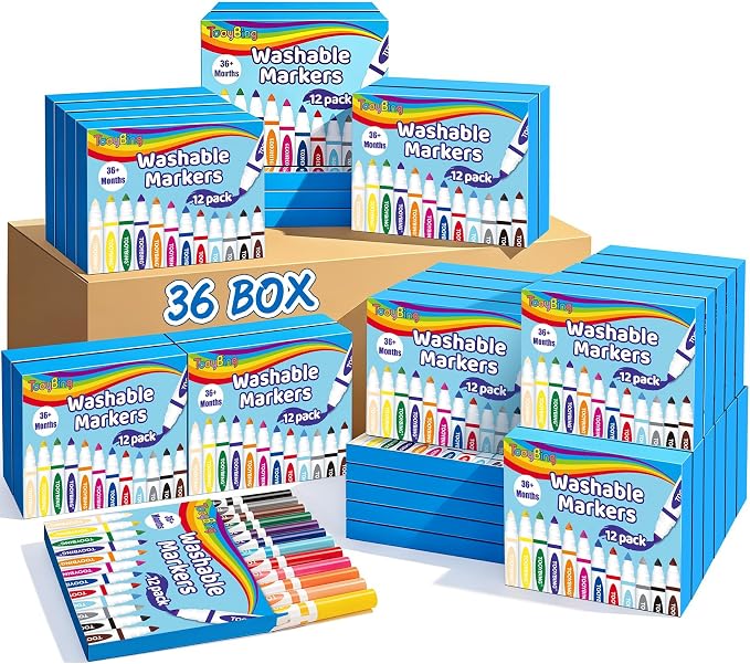 Washable Markers Bulk (432 Count, 36 Box), Broad Line Markers for Kids with Conical Tip, Assorted Colors, Drawing Essentials for School Classroom, Student Must Have for Coloring, Art Craft Supplies