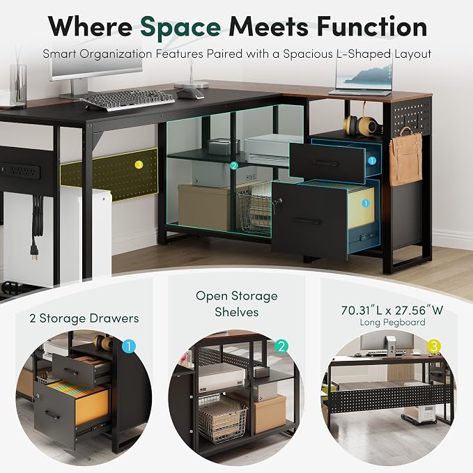 MALOL 70.3" L-Shaped Office Desk, Reversible L-Shaped Computer Desk with Power Outlet, Large Executive Desk with Locked File Drawers & Storage Shelves, Pegboard, Mobile CPU Stand, Modern Corner Desk