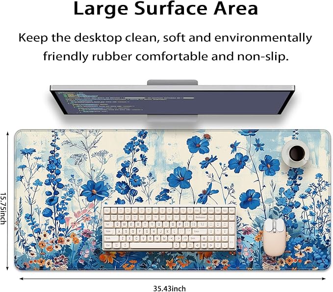 35.4 x 15.7 in, XXL Large Mouse Pad for Desk, Extended Keyboard Mouse Mat for Computer Office, Big Mouse pad with Stitched Edges, Gaming Pc-Blue Flower and Weeds