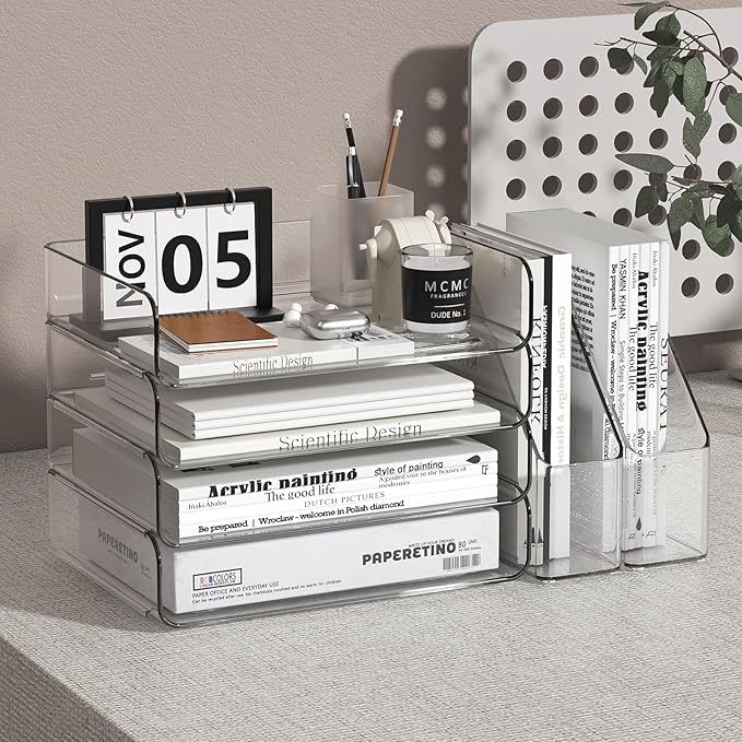 4-Tier Horizontal Acrylic Paper Tray Organizer with Bookends | Clear Stackable Desk Organizer for Documents, Letters, A4 Paper | Modern Office/Classroom/Home Organization