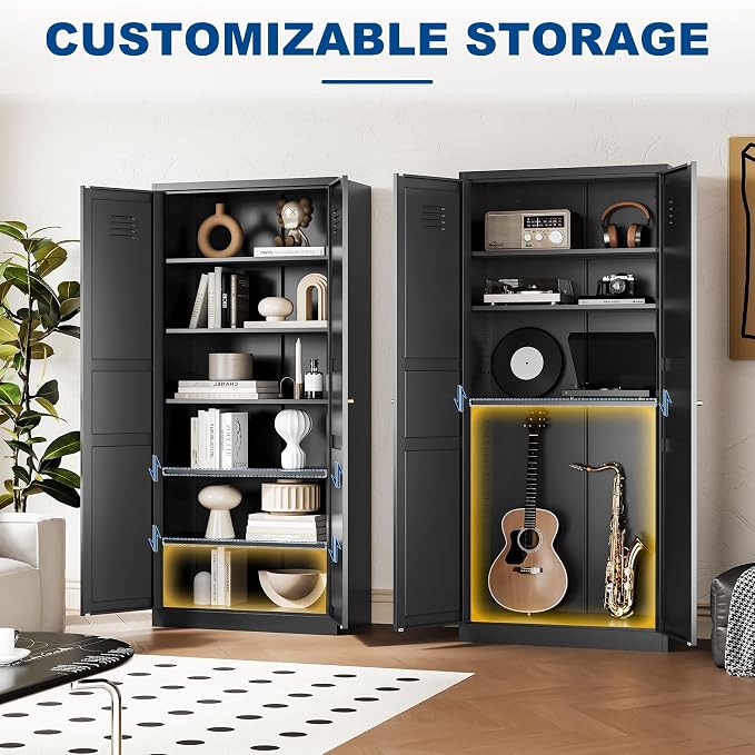 Fesbos Metal Storage Cabinet-71” Tall Steel File Cabinets with Doors and 5 Adjustable Shelves-Black Steel Storage Cabinet for Home,Kitchen, School, Office, Garage