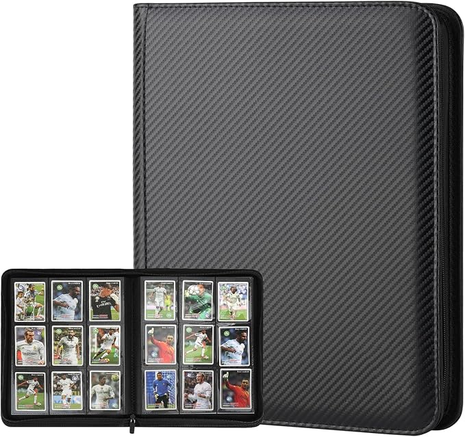 360 Cards Ringless 9-Pocket Side Loading Trading Card Binder, PU Zipper Fixed Page Card Album for TCG Sports Cards, Not Fit Top Loaders (Carbon Black)