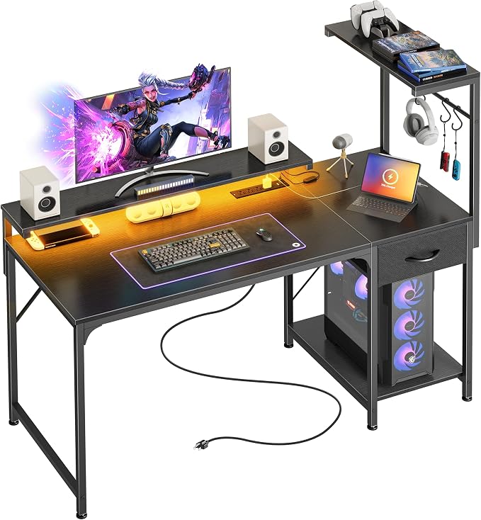 47.2 Inch Gaming Desk with LED Lights & Power Outlets | Computer Desk with Drawer & Storage Shelves, Office Writing Desk with Monitor Stand for Work from Home, Black