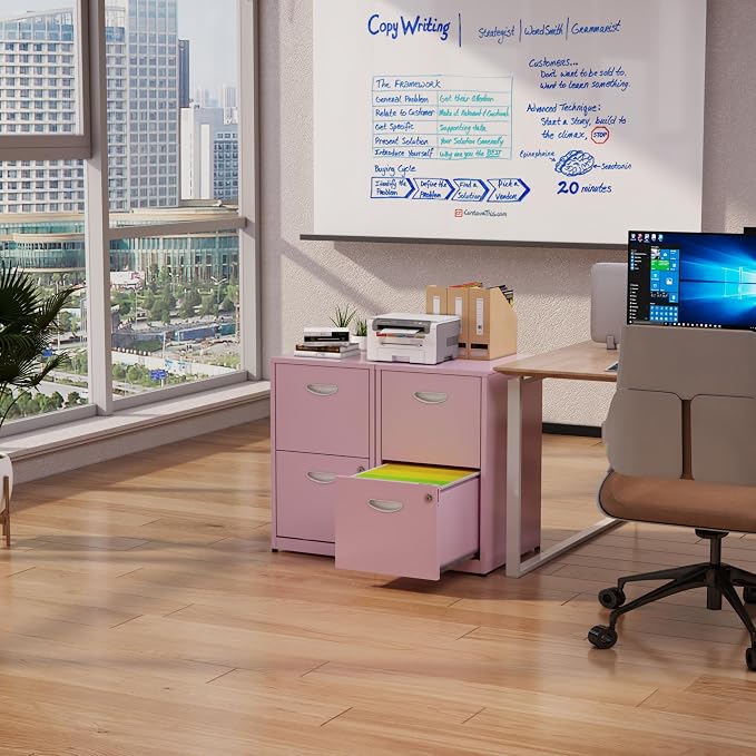 Polup 2 Drawer File Cabinet with Lock, Metal Filing Cabinet for Home Office | Small Locking Cabinet for Under Desk Storage, Printer Stand, Fits Letter Size, Pink, 26"H x 15"W x 18"D, Easy Assembly