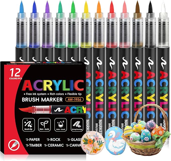 Acrylic Paint Markers Brush Tip,12 Colors Paint Pens Acrylic Markers Set,Watercolor Paint Markers for Wood,Paper,Plastic,Glass,Fabric,Vibrant marcadores acrílicos (12 Colors)