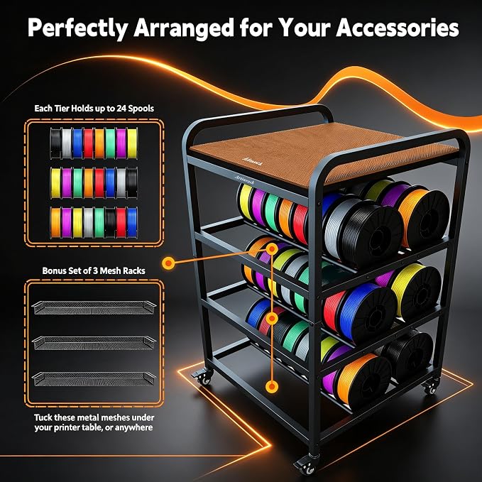 T4 Heavy Duty 3D Printer Table Stand, Heavy Duty Reinforced Metal Frame, High-Density Polymer Vibration Damping Pads, 4-Tier 3D Filament Storage Rack with Industrial Casters, Mobile Printer Shelf for Home Office, Workshop Studio