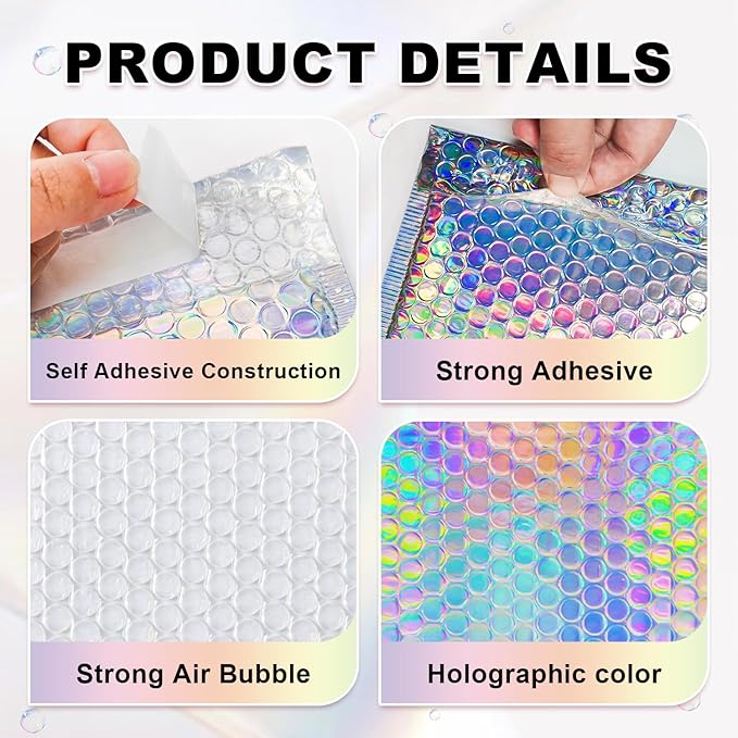 Bubble Mailers, 50 Pack Holographic Bubble Mailers with 3 Sizes, Waterproof Self Seal Adhesive Foil Glitter Glamour Shipping Bags for Mailing, Packing, Small Business, Jewelry Makeup Supplies
