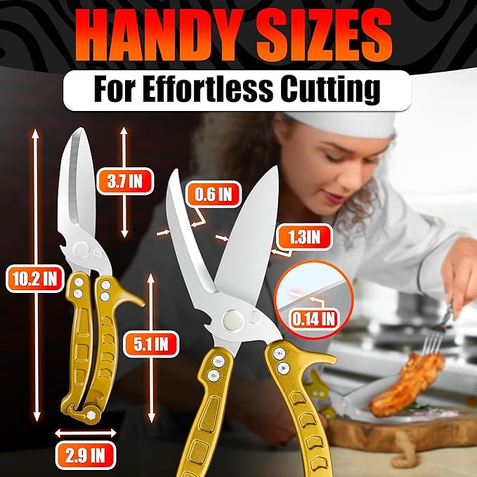 4-in-1 Multifunction Heavy Duty Kitchen Shears – Sharp Seafood, Fish, Turkey & Chicken Shears with Non-Slip Metal Handle & Micro-Serrated Blades for Meat – Spring-Loaded Bone Scissors (Gold)