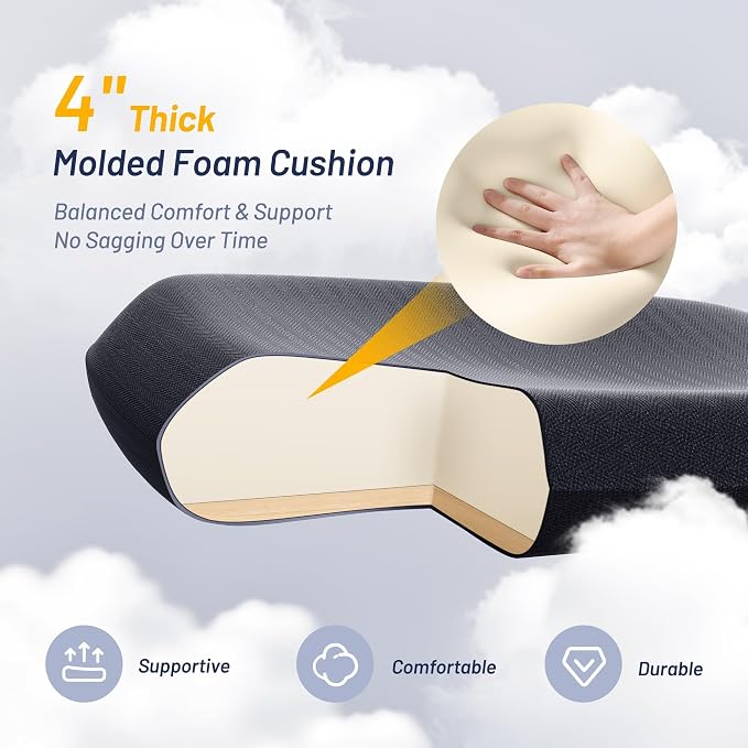 Office Desk Chair for Long Hours & Lower Back Pain Relief – 4“ Thick Molded Foam Cushion, Enhanced Lumbar Support, Padded Flip-up Armrests, Ideal for Office or Study (Black)