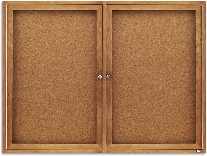 Quartet Bulletin Board, 4' x 3' Enclosed Cork Notice Board, Lockable Swing Doors, Oak Finish (364)