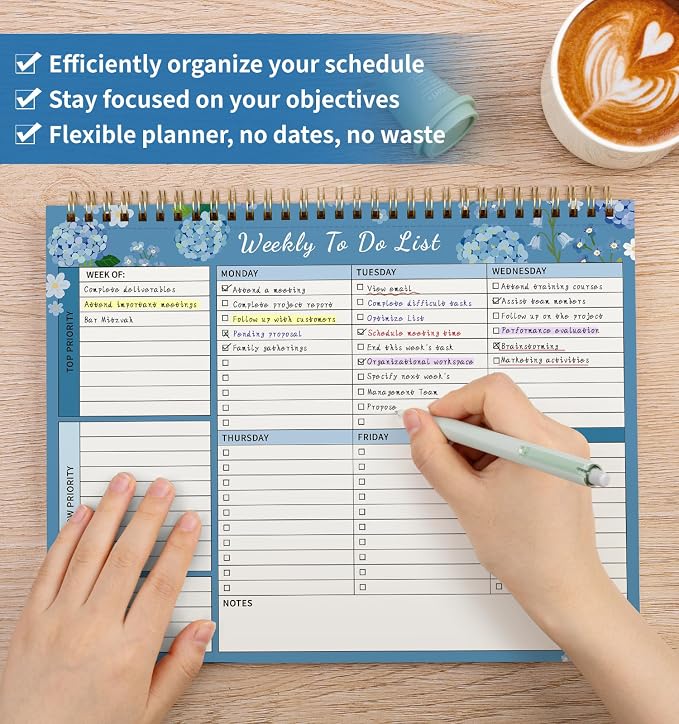 104 Pgs Weekly To Do List Notepad 52 Duplex-Printed Undated Sheets 100 GSM | （8.5"×11") Weekly Desk Planner For Work Home School Office Desk Accessories Supplies & Goal Setting Tasks -Blue Hydrangea