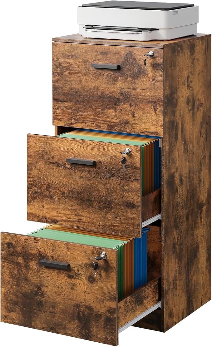 DEVAISE 3 Drawer Wood File Cabinet for Home Office, Fits Letter and A4 Size | Wooden Filing Cabinet with Lock, Vertical File Storage Cabinet, Easy Assembly, Rustic Brown