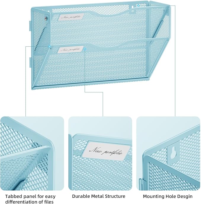 Marbrasse Wall File Holder 2-Tier Hanging Wall File Organizer, Mesh Mail Holder for Papers, Wall Mount File Clipboard & Magazine Organizer Great for Office Home (Blue)