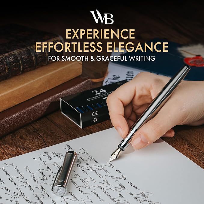 Wordsworth & Black Luxury Fountain Pen Set for Writing, Medium Nib, Silver | Gift for Men & Women, Brass Body, 18K German Iridium, Calligraphy, Converter + 24 Ink Cartridges, Refillable, Leak-Free