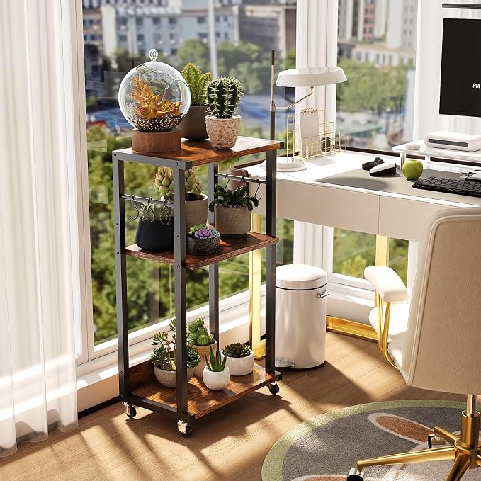 YMYNY 3-Tier Mobile Printer Stand 32.28*17.32*11.81" Rustic Brown HPT002H | Printer Cart with Adjustable Storage Shelf & 6 S-Hooks Tall Printer Table for Home Office,for Computer Tower Stand,Shredder