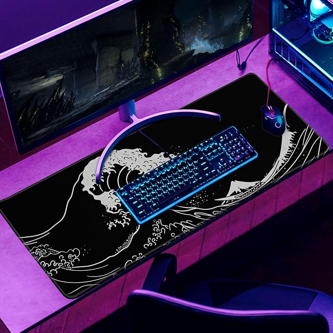 Japanese Sea Wave Gaming Mouse Pad Kanagawa Black Desk Mat Kawaii Mousepad Mouse Pad, Extra Large Deskmat Cut Laptop Mouse Pads Decor