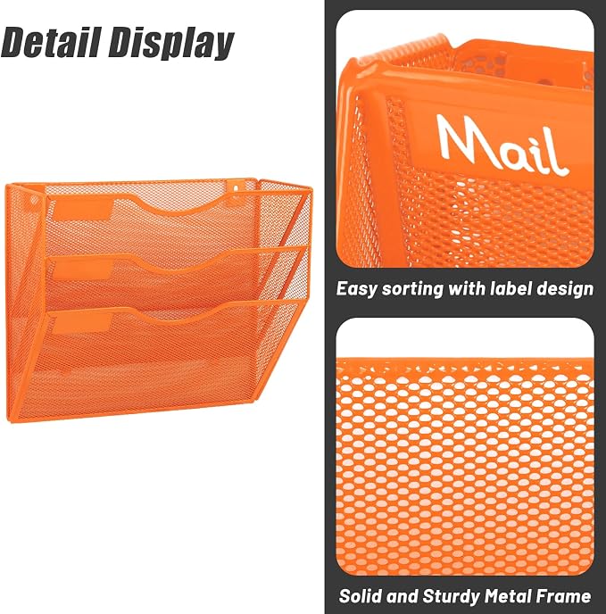3 Pocket Mesh Hanging Wall File Organizer, Wall Mounted Mail Paper Document Folder Holder, Clipboard Storage Organization Magazine Rack with Nametag Label for Office Home School, Orange