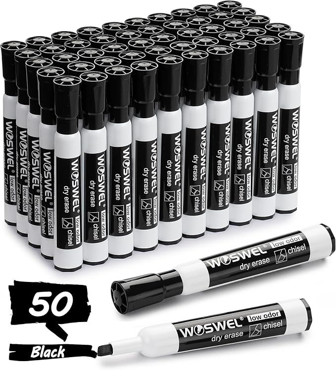 WOSWEL Dry Erase Markers Bulk, Chisel Tip, 50 Black Thick Whiteboard Markers for Teachers, Classroom, Office & Home Use