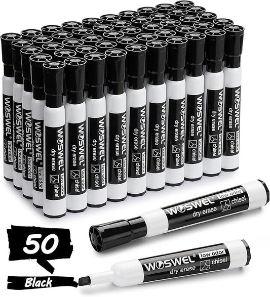 WOSWEL Dry Erase Markers Bulk, Chisel Tip, 50 Black Thick Whiteboard Markers for Teachers, Classroom, Office & Home Use