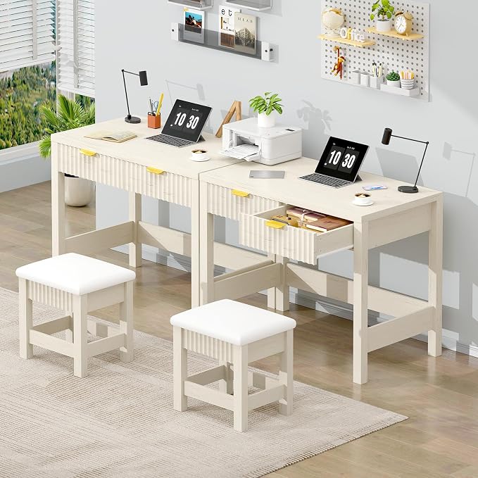 32 Inch Small Fluted Computer Desk with 2 Drawers & Stool for Bedroom | Vanity Desk with Stool, White Computer Desk with Storage, Compact Writing Study Table for Small Spaces
