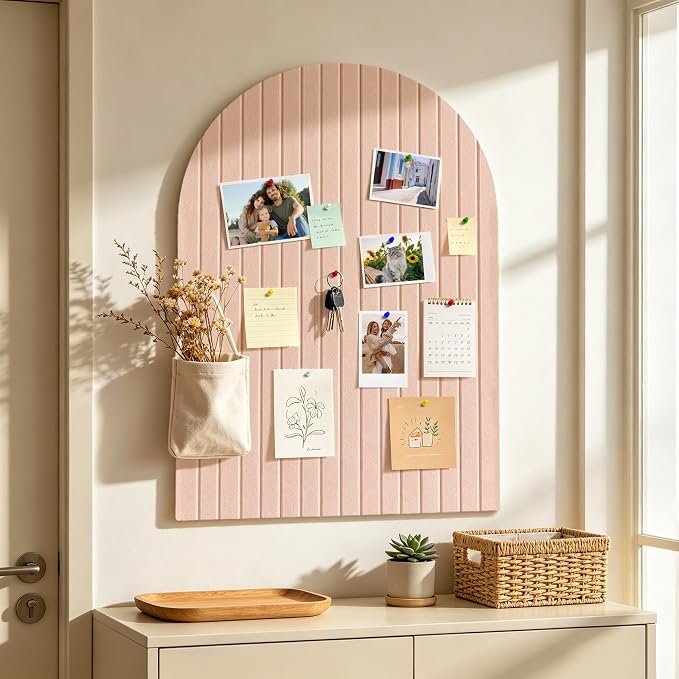 Markdang Large Arched Felt Bulletin Board 35" x 24", 6 Pack Cork Boards Alternative for Walls with 30 Pins, 40 Adhesive Tabs, Pin Board Tiles for Home Office Classroom Decor, Photos Display (Pink)