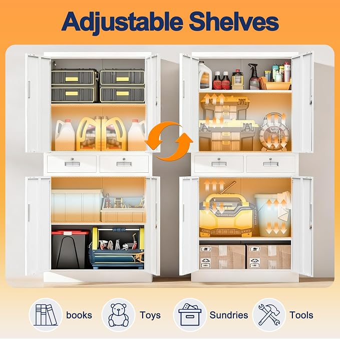 Wanfu Metal Storage Cabinet, Locking Storage Cabinet with Adjustable Shelves and 2 Drawers, 16" D x 32" W x 71" H Steel Cabinets for Office, Garage, Home, Classroom, Utility Room(White)