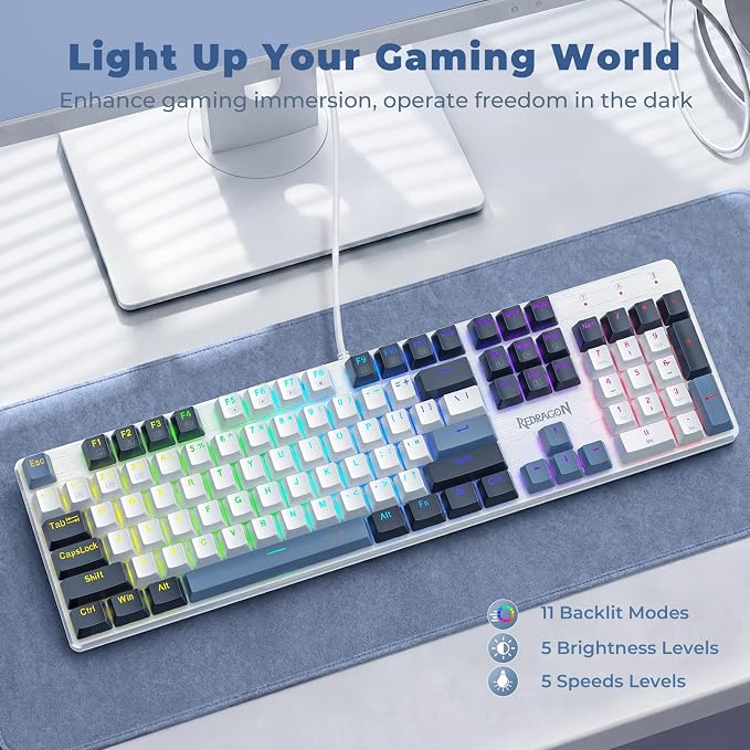 Redragon Mechanical Gaming Keyboard Wired, 11 Programmable Backlit Modes, Hot-Swappable Red Switch, Anti-Ghosting, Double-Shot PBT Keycaps, Light Up Keyboard for PC Mac, Blue