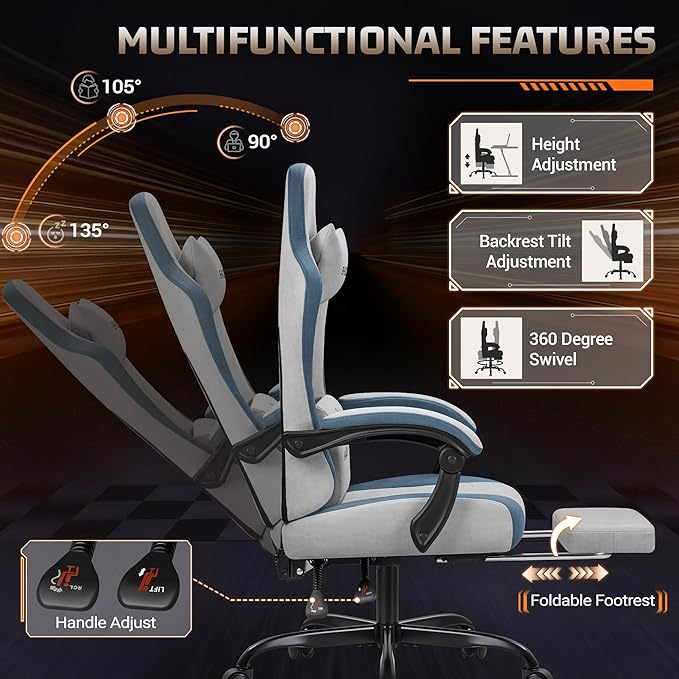 Homall Gaming Chair with Massage & Footrest, Ergonomic Computer Office Chair, High-Back Racing Style Reclining Chair with Adjustable Lumbar Support, Breathable Tech Fabric for Adults (Grey)
